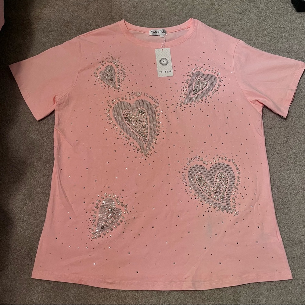 Women’s Pink Embellished Rhinestone & Pearls Oversized Short Sleeve T-Shirt